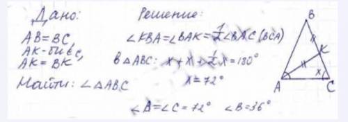 Треуголник АВС ---- равнобедренный, АВ=ВС, АК ---- биссектриса, АК=ВК. Найдите углы треугольника АВС