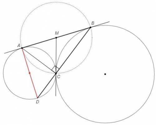 Две окружности касаются друг друга в точ­ке С. Одна прямая касается их в точках А и В. Прямая ВС пер