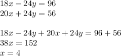 18x-24y=96\\20x+24y=56\\\\18x-24y+20x+24y=96+56\\38x=152\\x=4