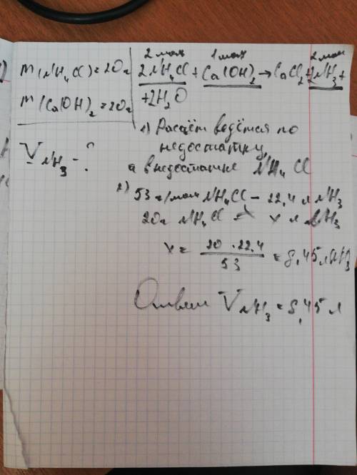 Який об’єм аміаку можна добути при нагріванні 20 г хлориду амонію з 20 г гідроксиду кальцію?