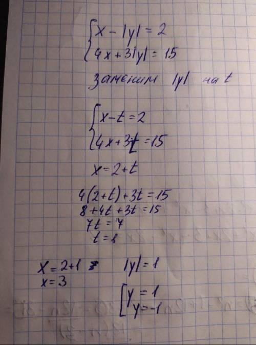 Решите систему управлений х-|у|=2 и 4х+3|у|=15​