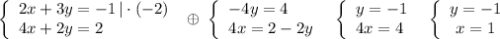 \left\{\begin{array}{l}2x+3y=-1\, |\cdot (-2)\\4x+2y=2\end{array}\right\; \oplus \; \left\{\begin{array}{l}-4y=4\\4x=2-2y\end{array}\right\; \; \left\{\begin{array}{l}y=-1\\4x=4\end{array}\right\; \; \left\{\begin{array}{ccc}y=-1\\x=1\end{array}\right