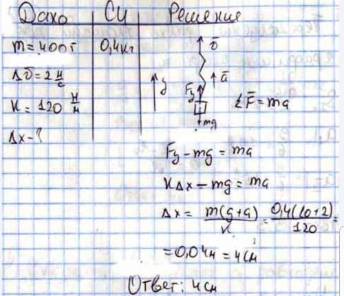 7. Запишите кратко условие задачи и решите её.Пружину, к которой подвешен груз массой 400 г., за сво
