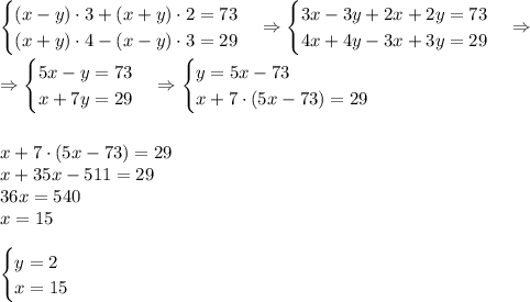 \begin{cases}(x-y)\cdot3+(x+y)\cdot2=73\\(x+y)\cdot4-(x-y)\cdot3=29\end{cases}\Rightarrow\begin{cases}3x-3y+2x+2y=73\\4x+4y-3x+3y=29\end{cases}\Rightarrow\\\\\Rightarrow\begin{cases}5x-y=73\\x+7y=29\end{cases}\Rightarrow\begin{cases}y=5x-73\\x+7\cdot(5x-73)=29\end{cases}\\\\\\x+7\cdot(5x-73)=29\\x+35x-511=29\\36x=540\\x=15\\\\\begin{cases}y=2\\x=15\end{cases}