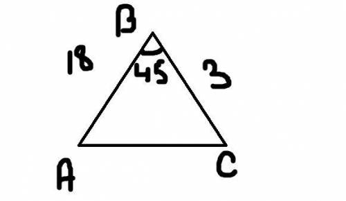 Найдите площадь треугольника А B C, если АВ=18см,ВС=3см,градусная мера угла B=45°