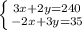 \left \{ {{3x+2y=240} \atop {-2x+3y=35}} \right.