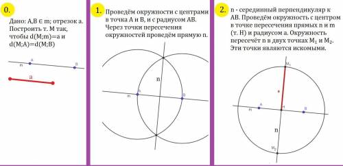 . 1) Точка A и b принадлежат прямой m .Постройте точку удаленную от прямой m на расстояние а и равн