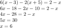 6(x-3)-2(x+5)=2-x\\6x-18-2x-10=2-x\\4x-28=2-x\\5x=30\\x=6