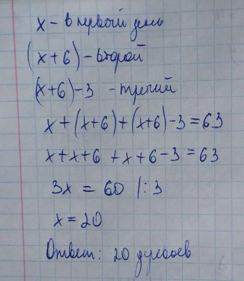 А) Волонтери за три дні посадили 63 дерева.Другого дня вони посадили на 6 дерев більше, ніжпершого,