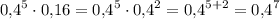 \displaystyle 0,\!4^5\cdot 0,\!16=0,\!4^5\cdot 0,\! 4^2=0,\!4^{5+2}=0,\!4^7