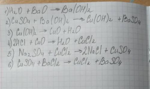 Запишіть рівняння реакцій з до яких можна здійснити перетворення Ba→Ba(OH)2→Cu(OH)2→CuO→CuCl2→CuSo4→
