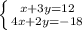 \left \{ {{x + 3y = 12} \atop {4x + 2y = -18}} \right.