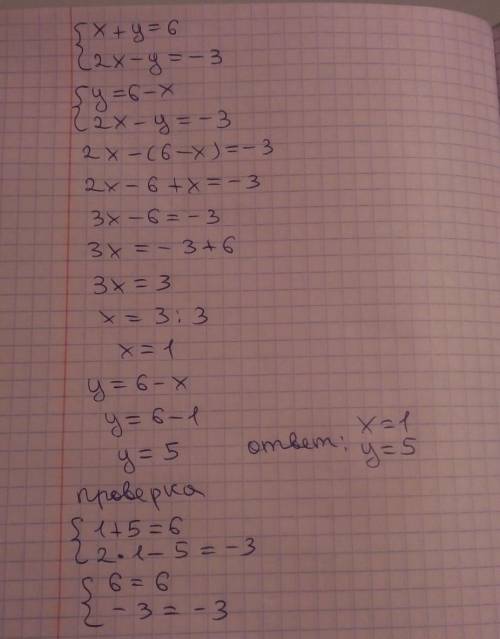 Реши систему уравнений методом подставки и выполни проверку X+ y=6 2x-y=-3