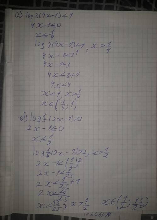 а)log3(4x-1)<1 б)log1/5(2x-1)>2