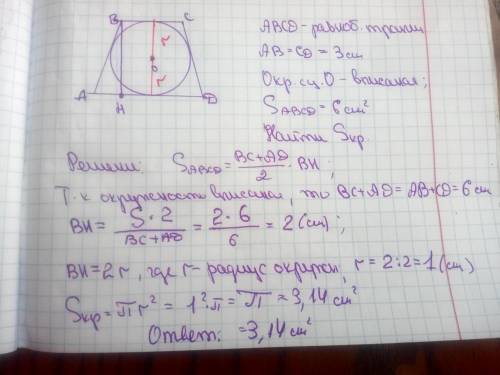 В равнобедренную трапецию, боковая сторона которой равна 3, аписана окружность. найти площадь круга