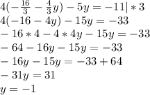 4(-\frac{16}{3} -\frac{4}{3}y)-5y=-11 |*3\\4(-16-4y)-15y=-33\\-16*4-4*4y-15y=-33\\-64-16y-15y=-33\\-16y-15y=-33+64\\-31y=31\\y=-1