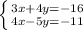 \left \{ {{3x+4y=-16} \atop {4x-5y=-11}} \right. \\