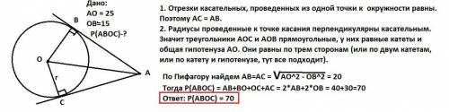 Отрезки AB и AС – отрезки касательных, проведённых к окружности с центром O. Найдите периметр четыр