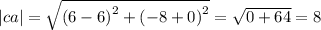 |ca| = \sqrt{ {(6 - 6)}^{2} + {( - 8 + 0)}^{2} } = \sqrt{0 + 64} = 8