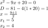 x^2-9x+20=0\\D=81-4(1*20)=1\\x=\frac{9б1}{2}\\x_1=5\\x_2=4