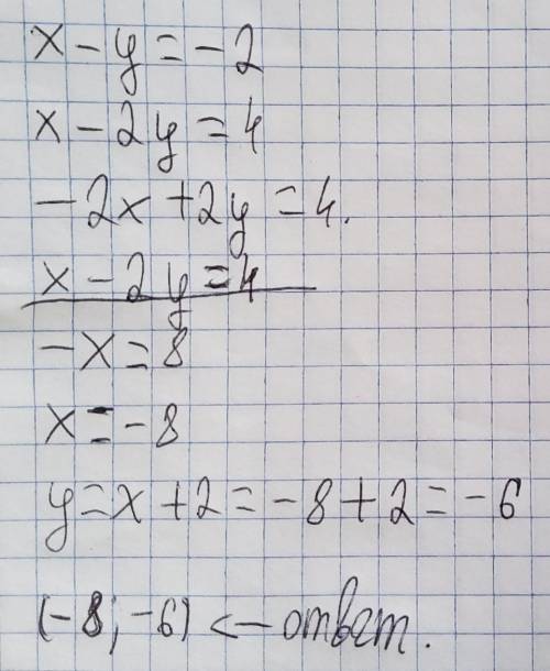 Реши систему уравнений подстановки. {x-y=-2, x-2y=4