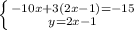 \left \{ {{-10x + 3(2x - 1) = -15} \atop {y = 2x - 1}} \right.