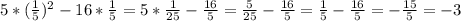 5*(\frac{1}{5} )^{2} -16*\frac{1}{5}=5*\frac{1}{25} -\frac{16}{5} =\frac{5}{25}-\frac{16}{5}=\frac{1}{5} -\frac{16}{5} =-\frac{15}{5} =-3