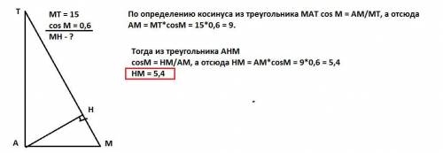 У прямокутному трикутнику МАТ, кут А = 90°, АН — висота, MT =15, cos M = 0,6. Знайдіть МН.​