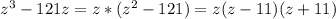 z^{3} - 121z = z*(z^{2} - 121) = z(z-11)(z+11)