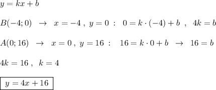 y=kx+b\\\\B(-4;0)\; \; \to \; \; x=-4\; ,\; y=0\; :\; \; 0=k\cdot (-4)+b\; \; ,\; \; 4k=b\\\\A(0;16)\; \; \to \; \; x=0\; ,\; y=16\; :\; \; \; 16=k\cdot 0+b\; \; \to \; \; 16=b\\\\4k=16\; ,\; \; k=4\\\\\boxed {\; y=4x+16\; }