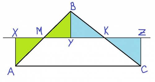 Прямая пересекает стороны АВ и ВС треугольника АВС соответственно в точках М и К, являющихся середин
