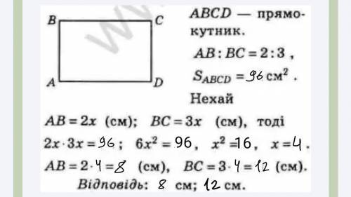 Знайдіть сторони прямокутника, якщо вони відносяться як 3 : 2, а площа прямокутника дорівнює 96 см2.