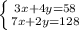 \left \{ {{3x+4y=58} \atop {7x+2y=128}} \right.