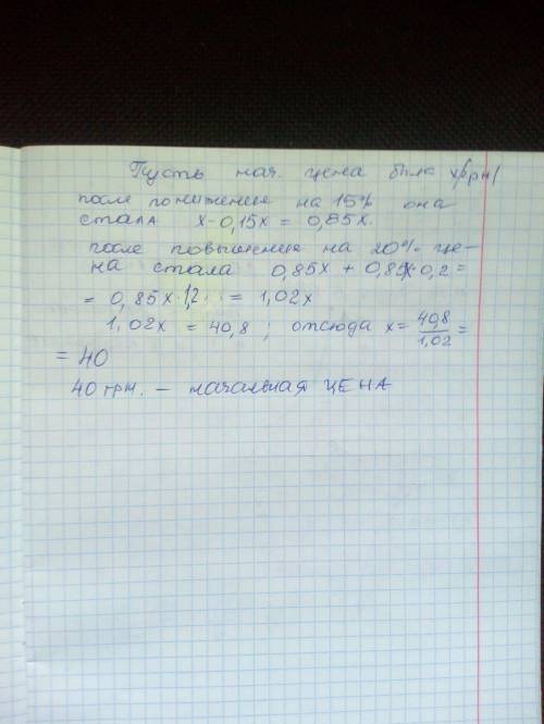 Ціна товару спочатку знизили на 15 %,а потім підвищили на 20 %У результаті товар став коштувати 40,8