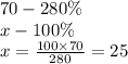 70 - 280\% \\ x - 100\% \\ x = \frac{100 \times 70}{280} = 25