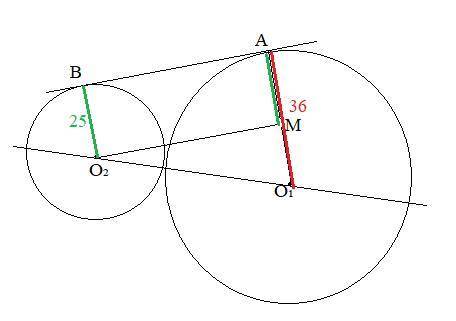 Окружность с центром О1 радиусом 36см и оуружность с центром О2 радиусом 25 см касаются внешним обра