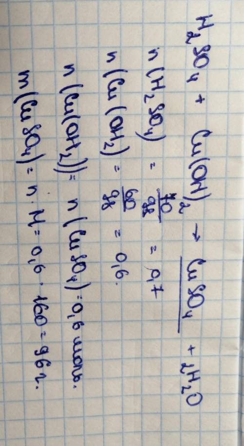 До розчину, що містить70 г сульфатної кислоти додали купрум (ІІ) гідроксид масою 60 г. Обчисліть мас