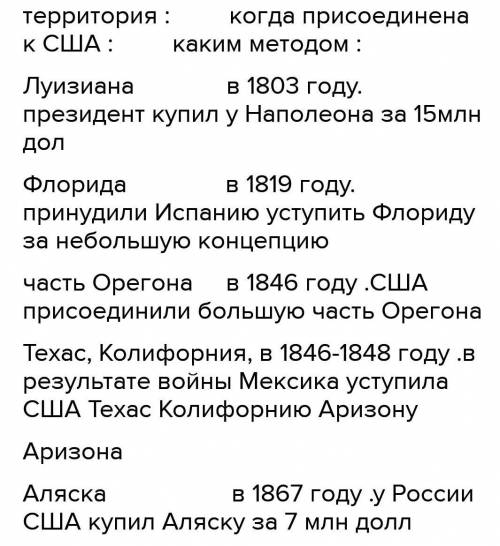 Территория Когда присоединена к США Каким методом Луизиана 1803г. Флорида 1810-1821гг. (договор 1819