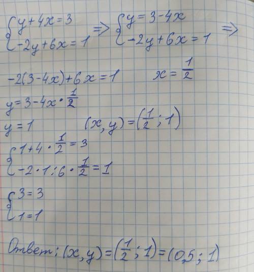 Решите систему уравнений: у+4х=3 -2у+6х=1. 1)(0,5 ;1) 2) (2, -5) 3) (0,4;1,4) 4)(0,5; 5)