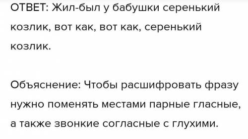 Ниже зашифрована фраза на русском языке: Шыр-пир ю пяпюжгы зэлэмъгый гёсрыг, фёд гяг, фёд гяг, зэлэм