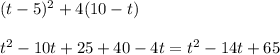 (t - 5)^2+ 4(10 - t)\\\\t^{2} -10t+25+40-4t=t^{2} -14t+65