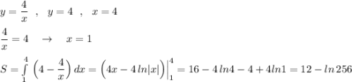 y=\dfrac{4}{x}\ \ ,\ \ y=4\ \ ,\ \ x=4\\\\\dfrac{4}{x}=4\ \ \ \to \ \ \ x=1\\\\S=\int\limits^4_1\, \Big(4-\dfrac{4}{x}\Big)\, dx=\Big(4x-4\, ln|x|\Big)\Big|_1^4=16-4\, ln4-4+4ln1=12-ln\, 256