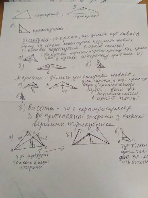 Побудувати трикутники: гострокутній, прямокутній та тупокутній. У них провести висоти, медіани та бі