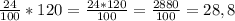 \frac{24}{100} * 120 = \frac{24*120}{100} = \frac{2880}{100} = 28,8