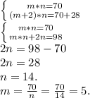 \left \{ {{m*n=70} \atop {(m+2)*n=70+28}} \right. \\\left \{ {{m*n=70} \atop {m*n+2n=98}} \right. \\2n=98-70\\2n=28\\n=14.\\m=\frac{70}{n}=\frac{70}{14}=5.