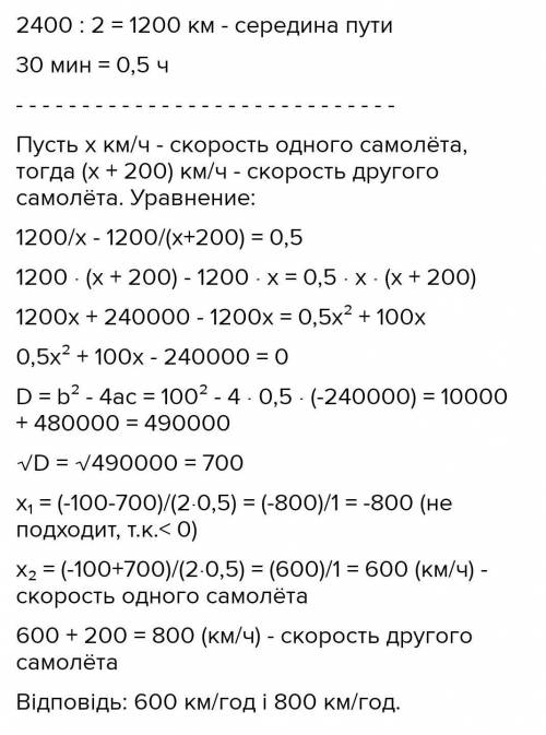 З міста А в Місто В, відстань між якими становить 2400км, вилетів літак. Чкрез 30 хв з міста В до мі