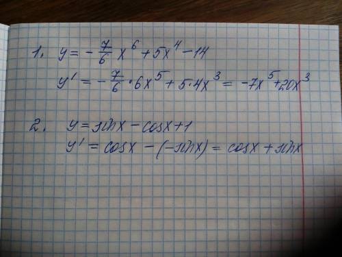 1. Укажіть похідну функції у = -7/6 x6+ 5x4 - 142. Укажіть похідну функції у = sinx - cosx +1Буд лас