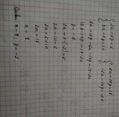 Реши систему уравнений алгебраического сложения. {2a+5p=6 {3a+7p=10 ответ: a= p=