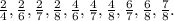 \frac{2}{4} , \frac{2}{6}, \frac{2}{7}, \frac{2}{8}, \frac{4}{6}, \frac{4}{7}, \frac{4}{8}, \frac{6}{7}, \frac{6}{8}, \frac{7}{8}.