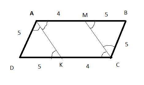 Биссектриса тупого угла параллелограмма делит противоположную сторону в отношении 5:4, считая от вер